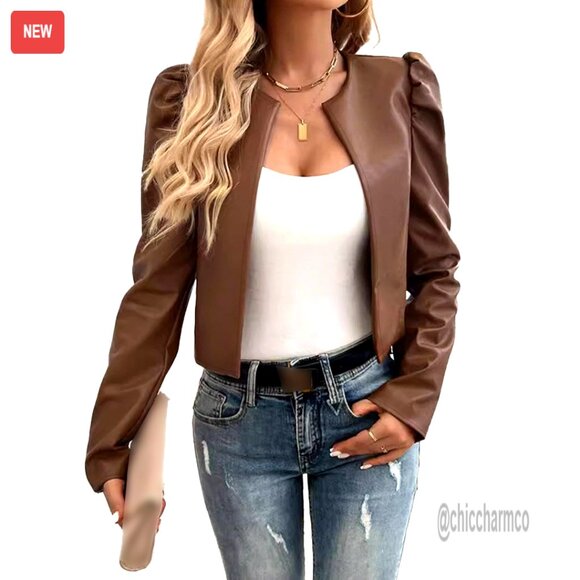 Faux Leather Cropped Blazer Puff Sleeve Open Front Cardigan